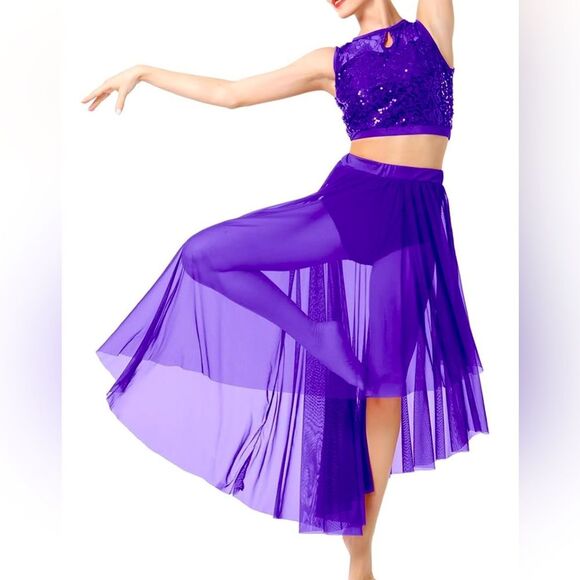 Women's Sequin Lace Floral Crop Top Asymmetrical Flowy Mesh Tulle Skirt SET NWT - Picture 1 of 7